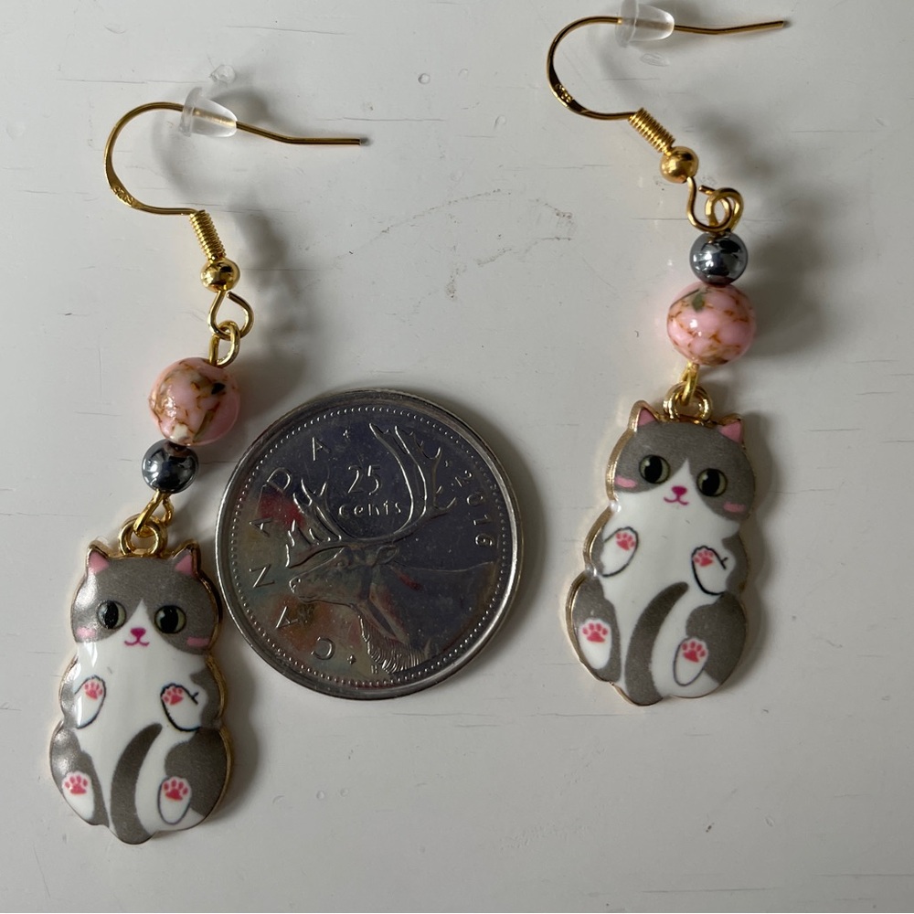 Cat Pendant Earrings with Pink & Gray Stone Beads - Picture 4 of 5